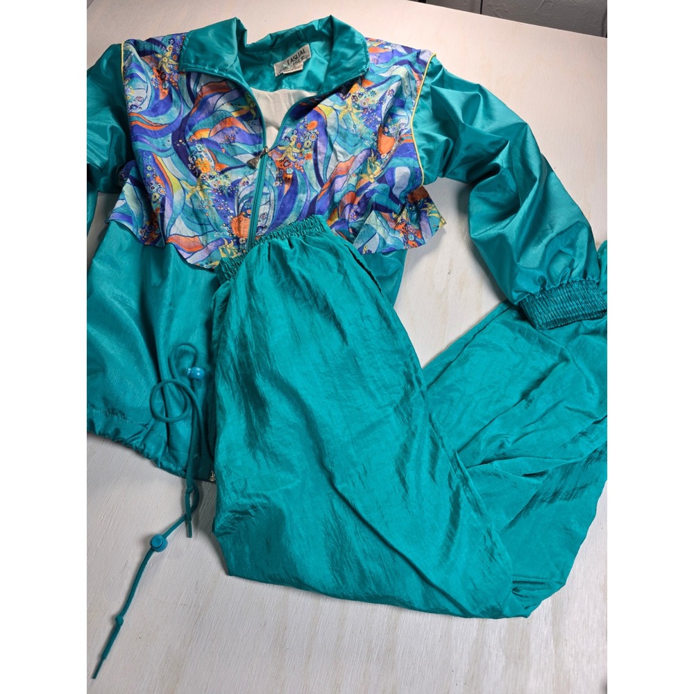 Vintage Casual Isle Teal Tracksuit Set Y2K Abstract Print Windbreaker Pants M/S
